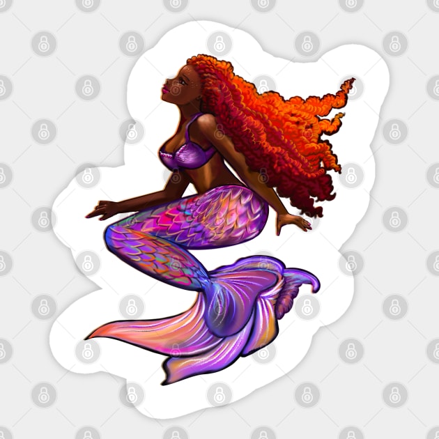Black African American mermaid with flowing Afro red hair locs women girls Black Mermaid Sticker by Artonmytee